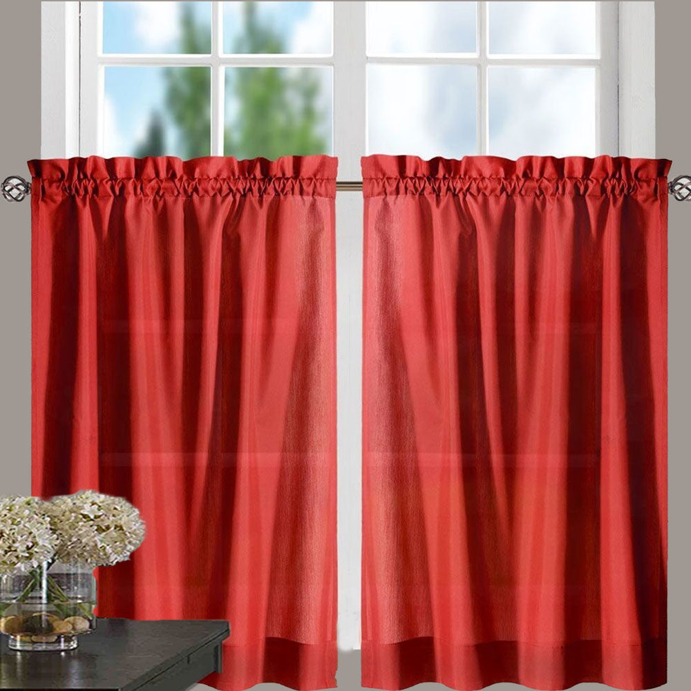Red Stacey Tier Curtain hanging on a curtain rod