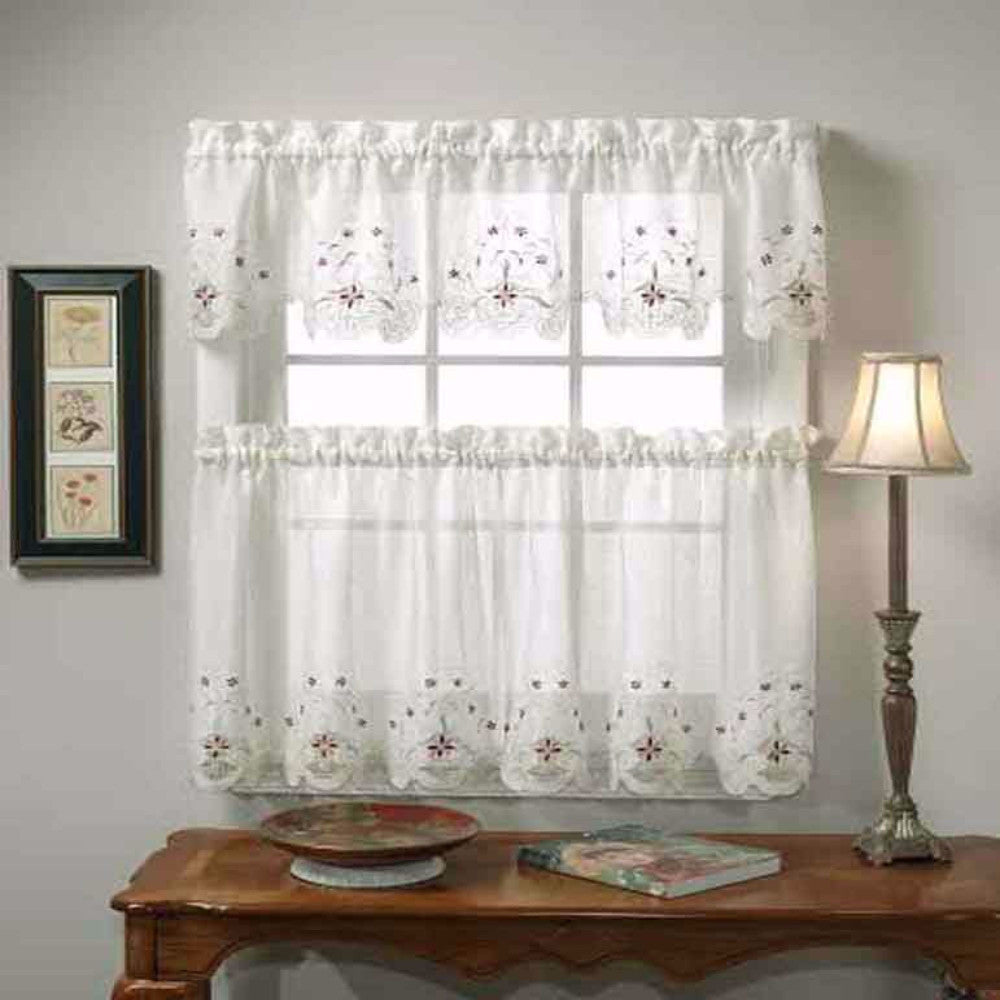 White and Blue Sunshine Semi Sheer Embroidery Kitchen Valance and Tier Curtains hanging on a rod