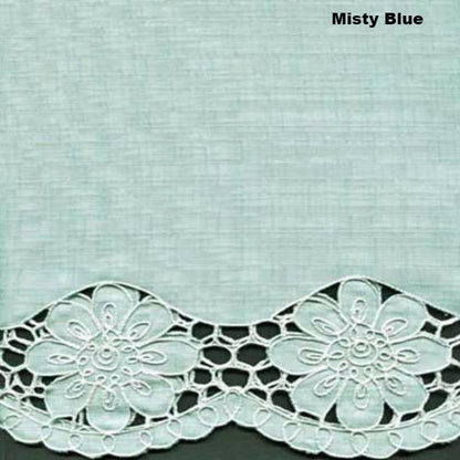 Closeup of Misty Blue Taylor Kitchen Valance and Tier Curtains fabric and design