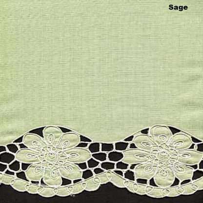 Closeup of Sage Taylor Kitchen Valance and Tier Curtains fabric and design