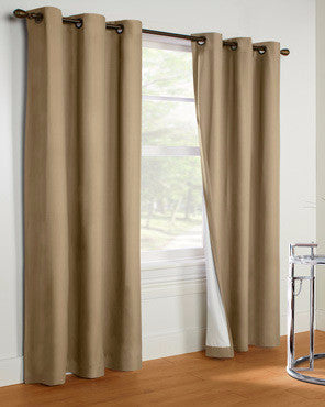 Taupe Thermalogic Prelude Insulated Grommet Top Panels hanging on a decorative rod
