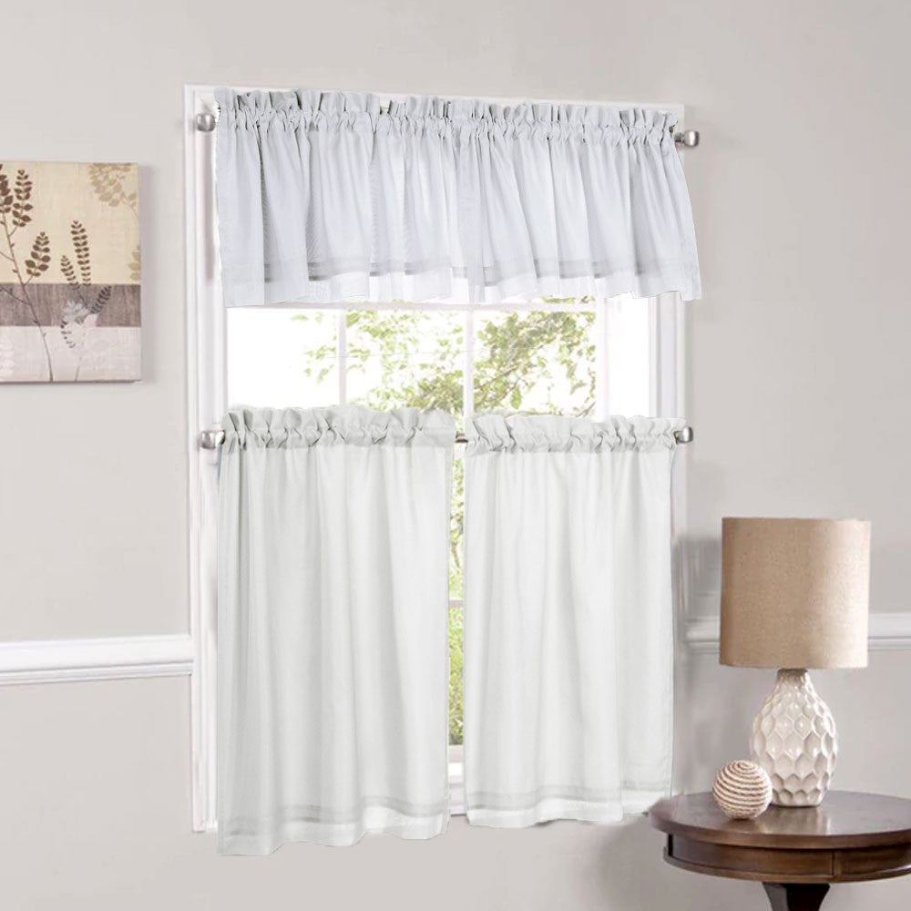Rhapsody Lined Thermavoile Tailored Kitchen Valance and Tier Curtains hanging on decorative rods