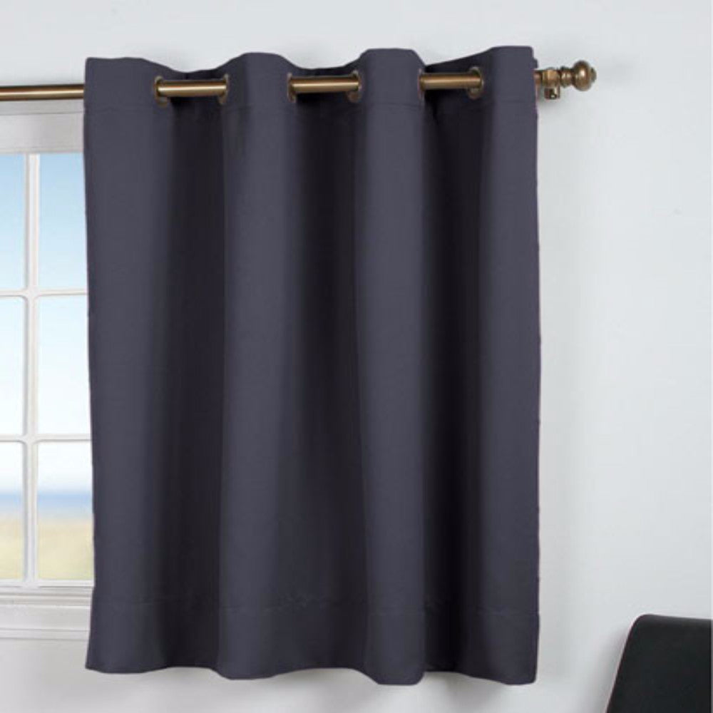 Blue Ultimate Blackout Grommet Top Shortie Panel hanging on a decorative curtain rod 