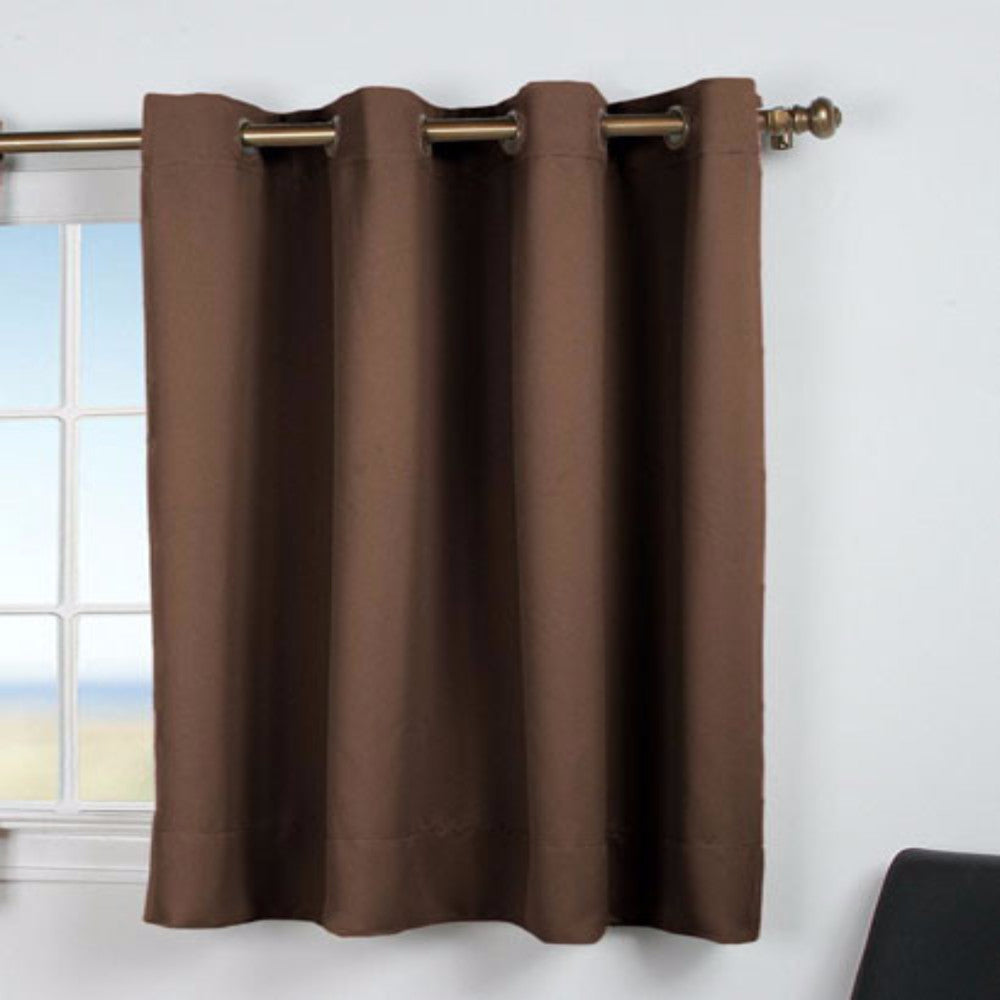 Espresso Ultimate Blackout Grommet Top Shortie Panel hanging on a decorative curtain rod 
