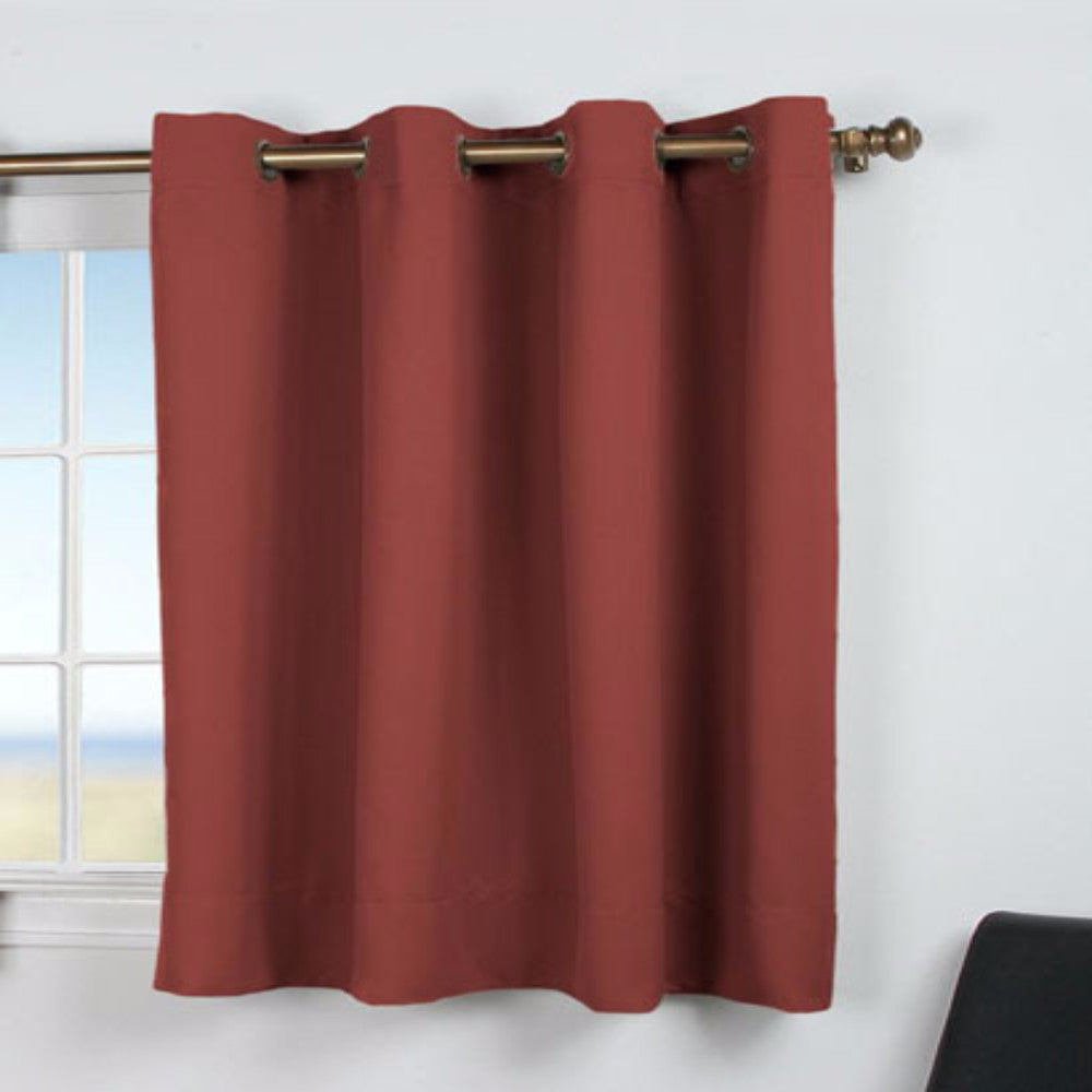 Garnet Ultimate Blackout Grommet Top Shortie Panel hanging on a decorative curtain rod 