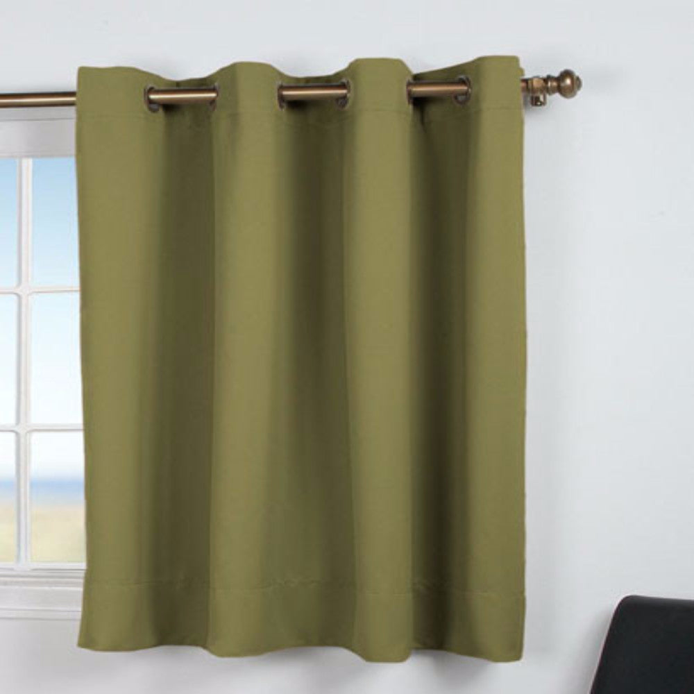 Sage Ultimate Blackout Grommet Top Shortie Panel hanging on a decorative curtain rod 