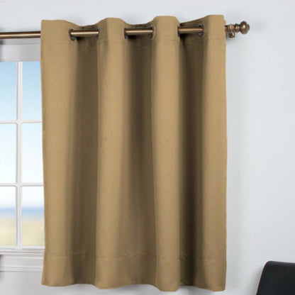 Sand Ultimate Blackout Grommet Top Shortie Panel hanging on a decorative curtain rod 