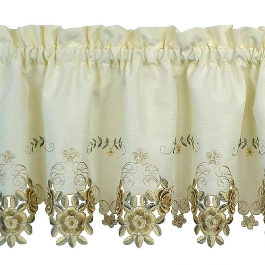 Closeup of Ecru and antique Verona Embroidered Cutwork Kitchen Valance Scallop and Fringe