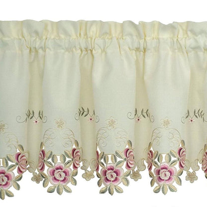 Closeup of Ecru and rose Verona Embroidered Cutwork Kitchen Valance Scallop and Fringe