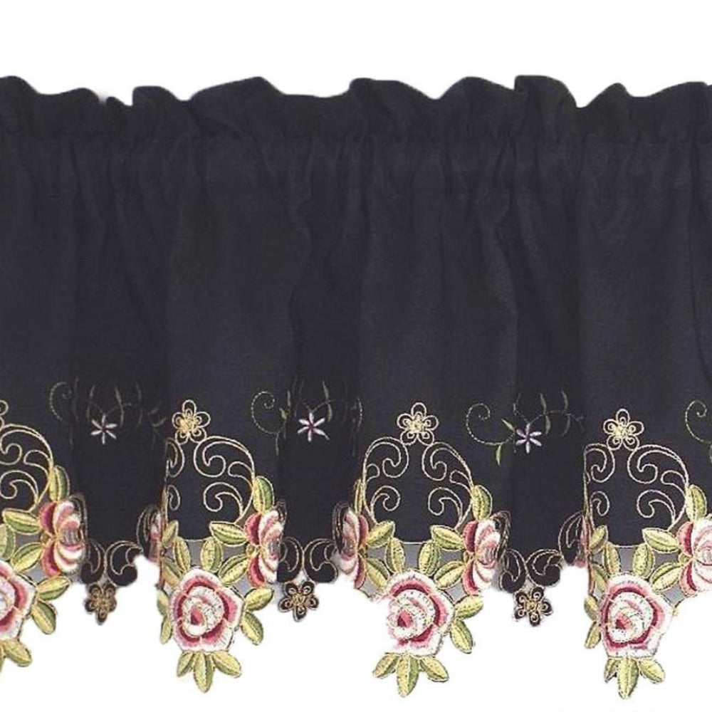 Closeup of Black Rose Verona Embroidered Cutwork Kitchen Valance Scallop and Fringe