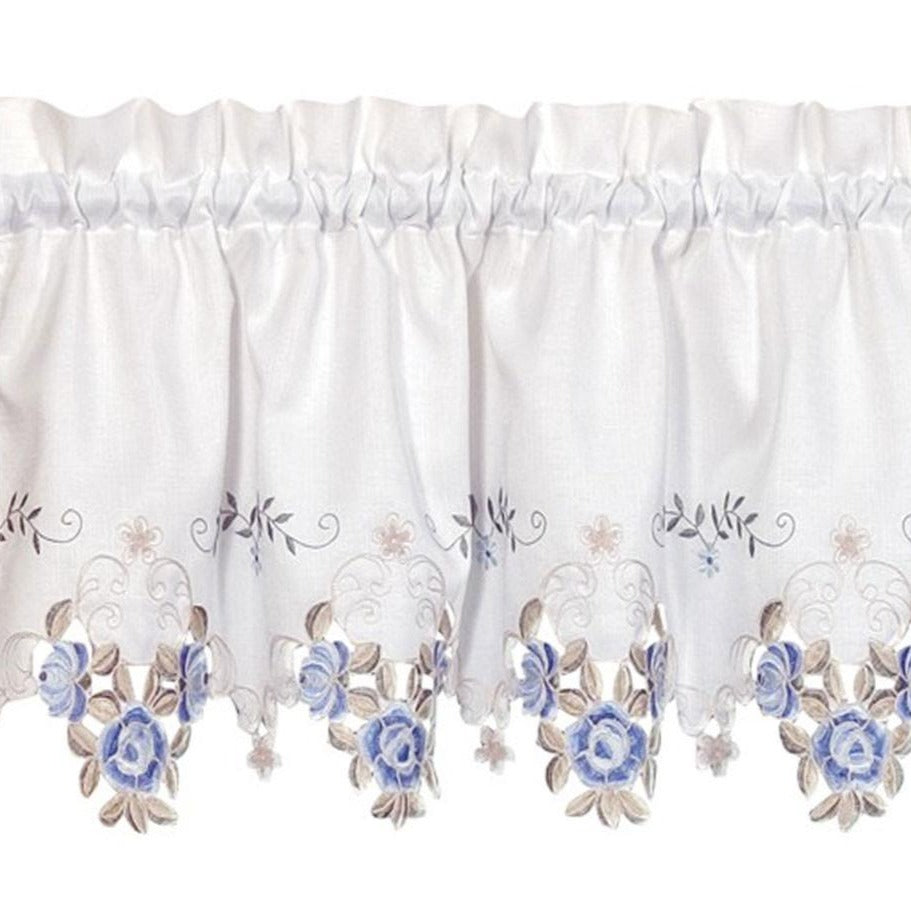 Closeup of White and blue Verona Embroidered Cutwork Kitchen Valance Scallop and Fringe