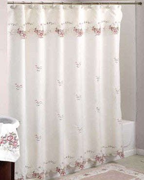Ecru/Rose Verona Fabric Shower Curtain hanging on a shower curtain rod
