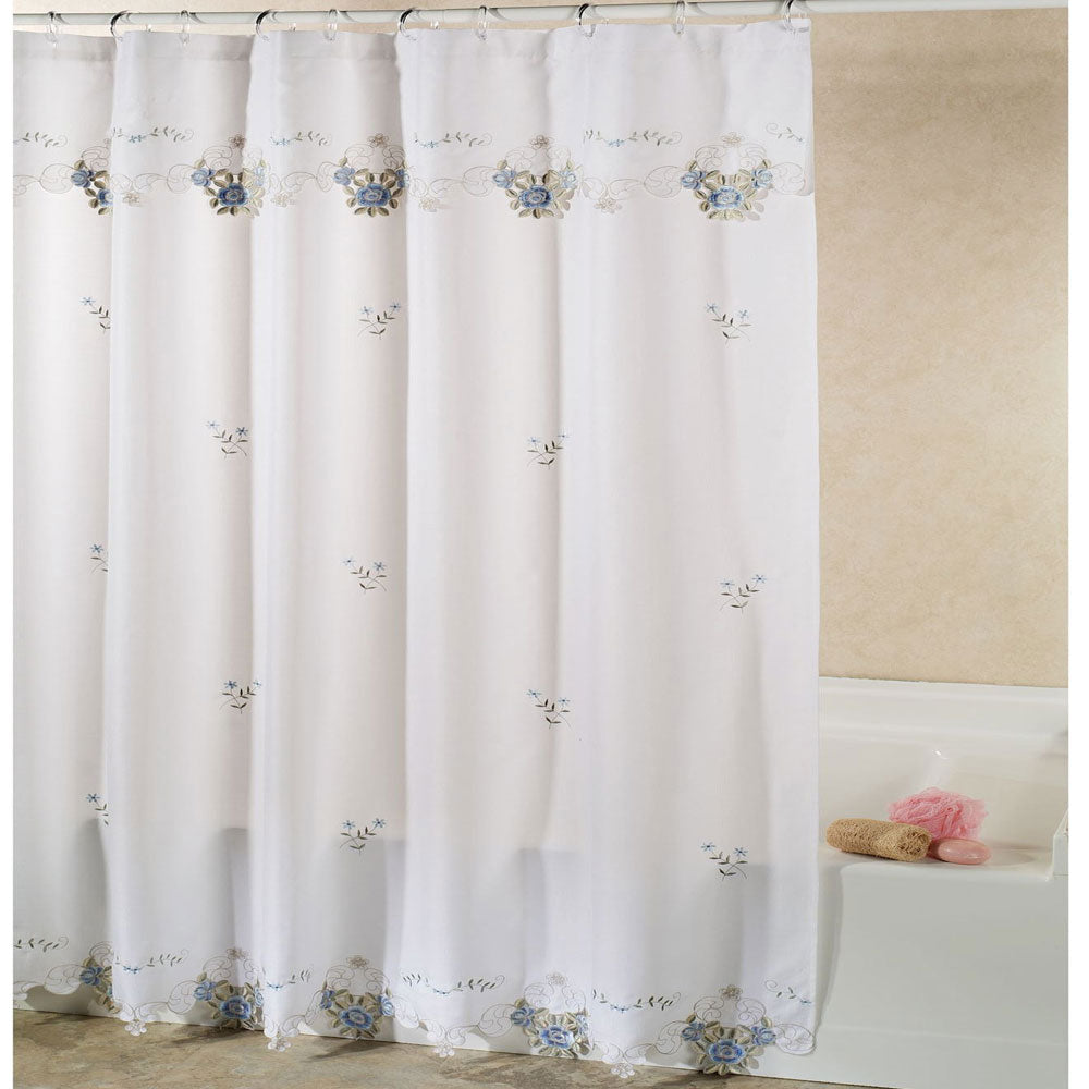 Ecru/Rose Verona Fabric Shower Curtain hanging on a shower curtain rod
