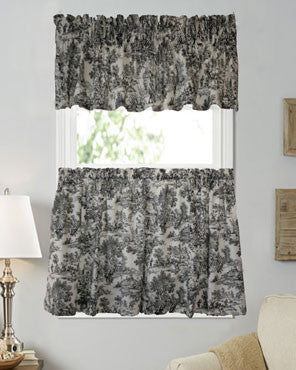 Black Victoria Park Toile Kitchen Valance and Tier Curtains hanging on curtain rods