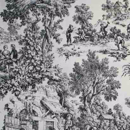 Closeup of black Victoria Park Toile Kitchen Valance and Tier Curtains fabric