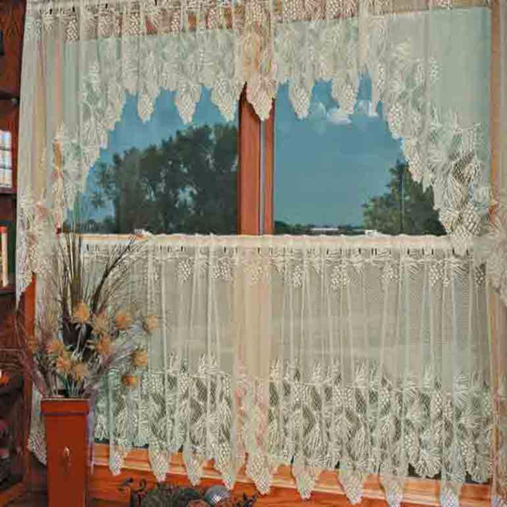 Cream Heritage Lace Woodland Kitchen Valance, Swags and Tier Curtains hanging on a curtain rod