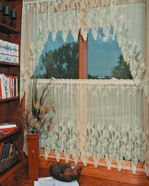 Cream Heritage Lace Woodland Kitchen Valance, Swags and Tier Curtains hanging on a curtain rod