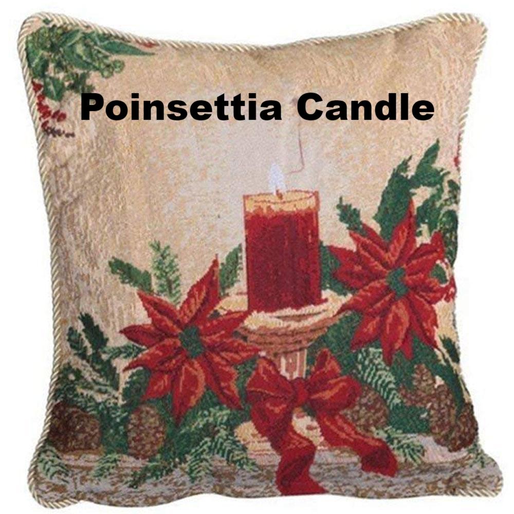 close up shot of Christmas Tapestry 18"x 18" Throw Pillow Covers poinsettia candle