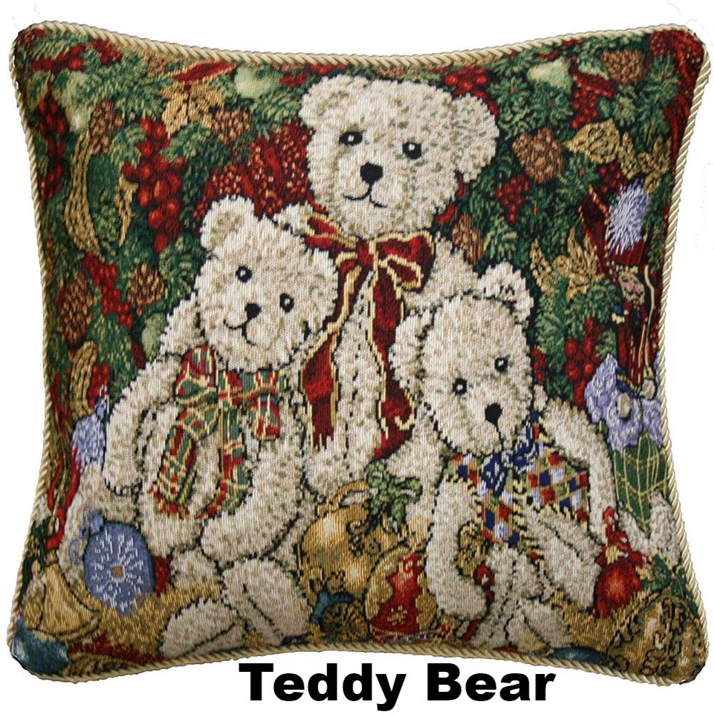close up shot of Christmas Tapestry 18"x 18" Throw Pillow Covers teddy bear